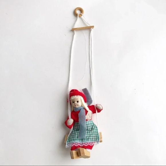 Scandinavian Doll Girl On Swing Wooden Shoes Clogs - Picture 1 of 10
